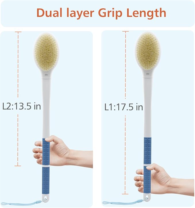 Shower Brush with Soft and Stiff Bristles,18.5" Long Handle Dual-Sided Back Scrubber Bath Brush Body Exfoliator for Wet or Dry Brushing (Long Handle)