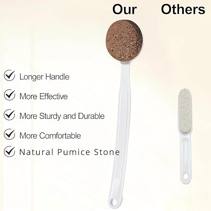 Extra Long Handle Pumice Stone for Feet - 13.7" No Bend Required Callus Remover Tool, Natural Volcanic Rock for Dry Cracked Heels & Dead Skin, Easy Grip for Seniors & Elderly (Curved)