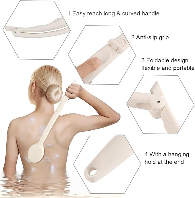 LFJ 19" Long Handle Shower Sponge Brush Set, 3 in 1 Body Brush, Bath Sponge and Lotion Applicator Improved Skin Health, Suitable for Men and Women (White Brush with pumice-1P)