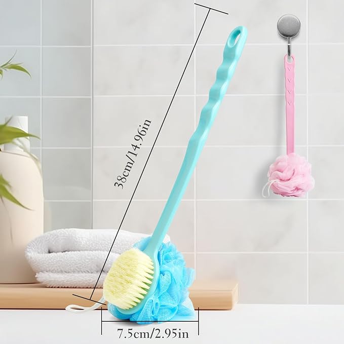 2 Pack Body Brush, Long Handle Shower Back Scrubber, Mesh Sponge for Skin Exfoliating Bath,Massage Bristles Suitable for Wet or Dry,Men and Women