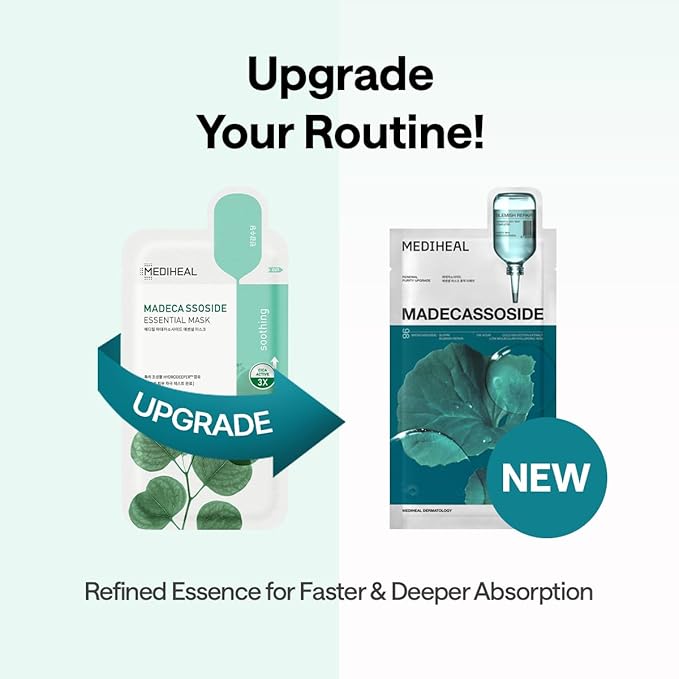 Mediheal Madecassoside Essential Sheet Mask Blemish Repair 10 pcs. 98% Purity Madecassoside & Hyaluronic Acid Included. Enhancing Moisture Barrier & Skin Texture Care. Vegan Formula Sheet Mask