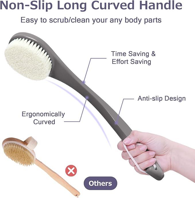 VANZAVANZU Exfoliating Shower Brush Back Scrubbers for Use in Shower, Plastic Bath Brush Long Handle for Shower with Moderate Bristles, Dry or Wet Back Brush for Shower Men Women-Grey