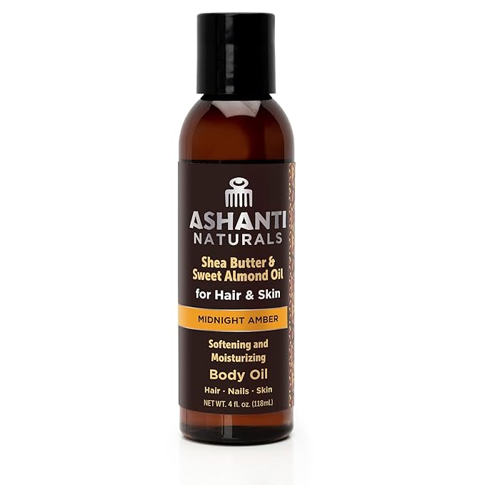 Ashanti Naturals Pure Shea and Sweet Almond Oil for Hair and Skin | Moisturizing Body Oil for Dry Skin, Scalp and Hair [Fragrance: Midnight Amber, 4 oz]