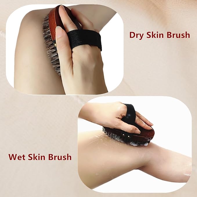 Dry Brushing Body Brush, Exfoliating Body Scrubber Natural Horsehair Bath Brushes Wooden Handle for Shower, Skin Exfoliation, Cellulite and Lymphatic Improvement Gift