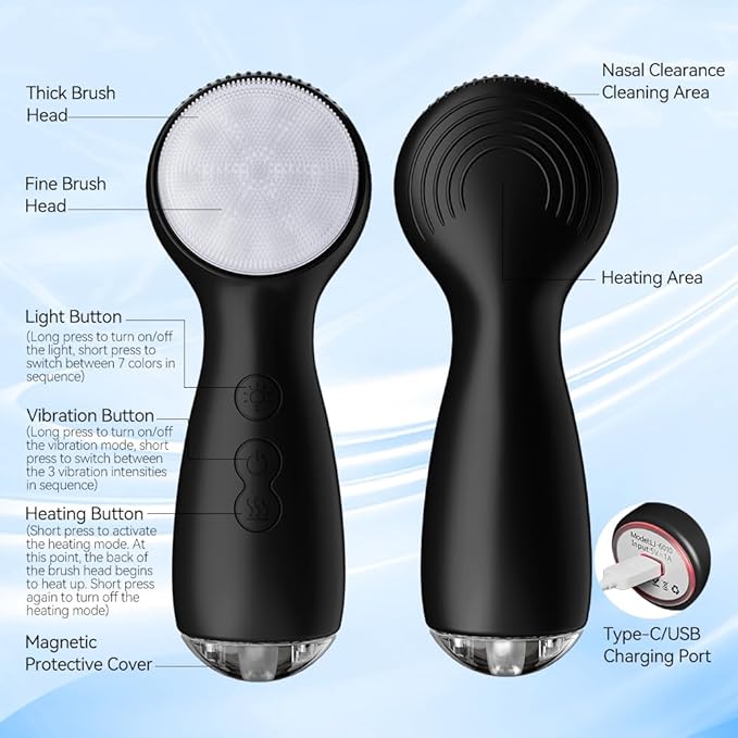 Facial Cleansing Brush, Face Scrubber, Electric Face Brush with 7 Colors, Rechargeable Waterproof Exfoliator with Heat and Vibration, Deep Cleansing and Massage for Men and Women(Black)