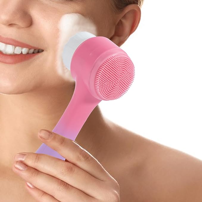 Face Brush 2 in 1, Silicone Facial Cleansing Exfoliating Brush Soft Bristles Pore Deep Cleansing Manual Dual Face Wash Scrub Brush For Massaging, Makeup Skincare Removal, Gradient Pink