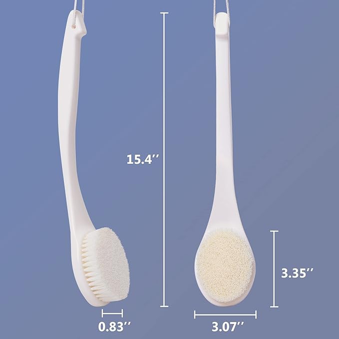 VANZAVANZU Shower Brush, Bath Body Brush with Soft Bristles, 15.4" Back Brush Long Handle for Shower, Dry Exfoliating Brush or Wet Shower Brush with Moderate Bristles, Cream White