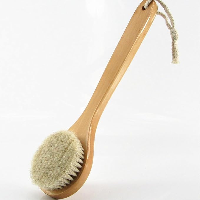 11.8 Inch Long Wooden Handle Dry Body Brush Back Scrubber, Bath Shower Brush Scrubber with Soft Horsehair Mane Natural Bristles, Good for Cellulite, Detox, Exfoliating, Blood Circulation,etc.
