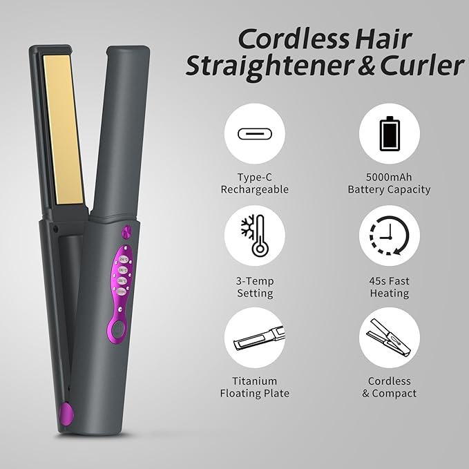 OBEST Cordless Hair Straighteners Curler 2 in 1,Fast Heating Cordless Flat Iron, Portable Straightener for Hair Straightening and Curling, 5000mAh, Titanium Curling Iron with Protective Plates