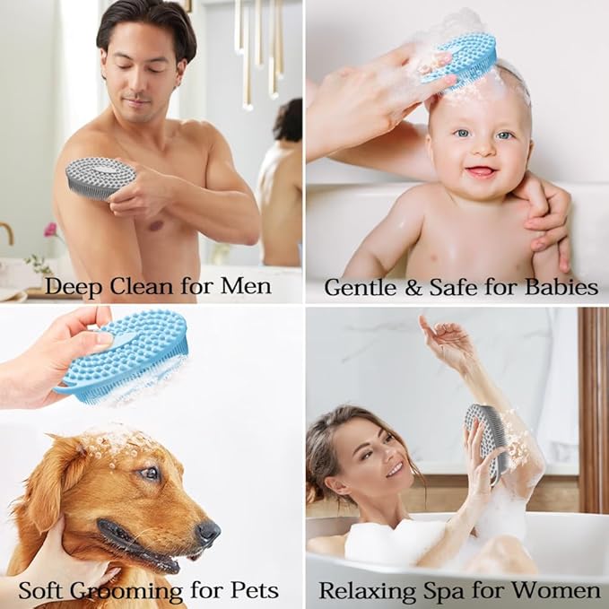 2 Pack Silicone Body Scrubber with Loofah Exfoliating Soft Body Shower Scrubber for Body, 2 in 1 Bath and Shampoo Wash Brush for Skin Exfoliation Men Women (Grey&Blue)