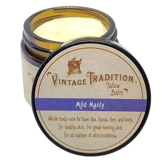 Vintage Tradition Beef Tallow All Purpose Balm - Healing, Hydrating Men’s Skin Care Salve Replaces Body Lotion, Hand Cream, More - Essential Oil, Olive Oil, and Grass-Fed Tallow, 2 fl. oz.
