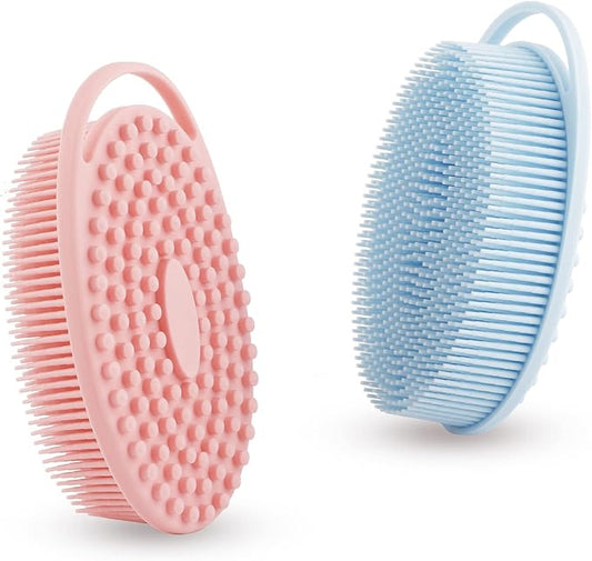Soft Silicone Body Scrubber 2 PCS Silicone Body Shower, Silicone Loofah 2 in 1 Bath and Shampoo Brush, Body Scrubber Shower Cleaning Exfoliating Use for Sensitive Skin, Lather Well(Pink and Blue)
