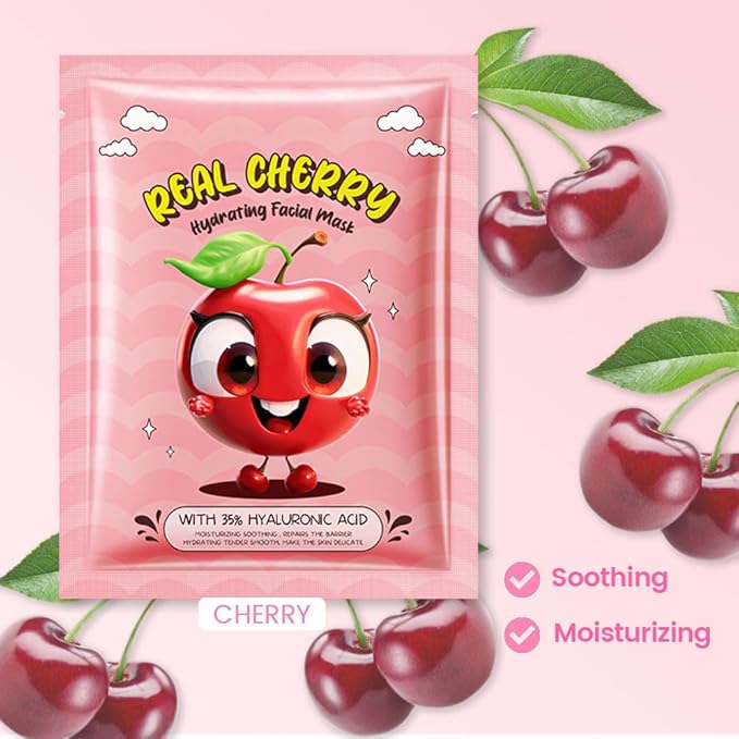 8 PCS Real Hydrating Nature Face Masks Skincare, Hyaluronic Acid, Vitamin C and E, Chamomile, Korean Beauty Essence Facial Paper Sheet Mask for Skin Care Moisturizing (Cherry)
