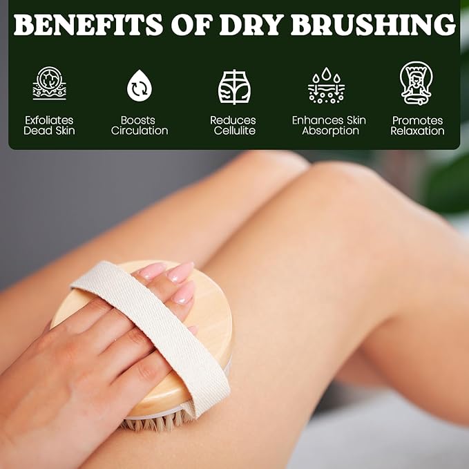 Large Dry Brushing Body Brush - Natural Boar Bristle Brush for Lymphatic Drainage, Cellulite, Blood Circulation - Skin Massage Nodes for Detox, Flawless Skin, Exfoliating Body Scrubber