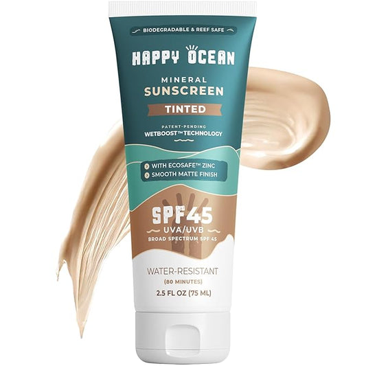 SPF 45 Tinted Mineral Sunscreen with Non-Nano Zinc Oxide for Face and Body, Fragrance Free, Reef Safe Biodegradable Sunscreen, Tinted Mineral Moisturizer, Water Resistant, 2.5 Fl oz