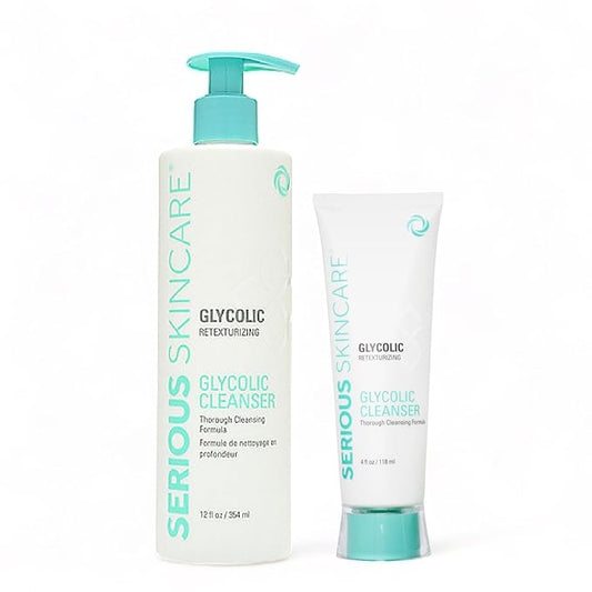 Serious Skincare Glycolic Acid Cleanser, Exfoliating Face Wash,10% Glycolic Acid, Deep Pore Purifying, Removes Makeup, Oil, and Impurities, Shave Prep, Anti-Aging for Women & Men 12 Oz & 4 Oz