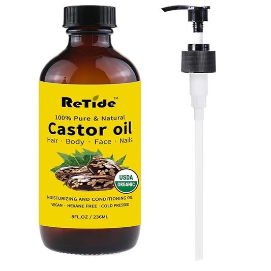 Pure Organic Cold Pressed Castor Oil, Natural Hair, Skin, Nails Treatment, Hexane Free, Amber Glass Bottle, 8 Fl Oz