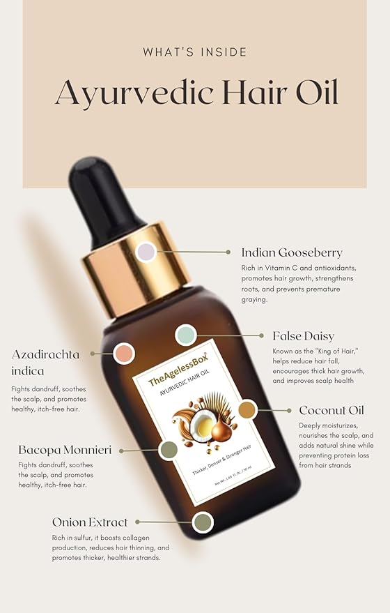 The Ageless Box Ayurvedic Hair Oil Serum – Reduces Hair Fall, Tames Frizz & Curls, Strengthens Roots & Supports Hair Growth – Amla, Argan, Bhringraj & Rosemary Blend – Vegan, Cruelty-Free – 50ml