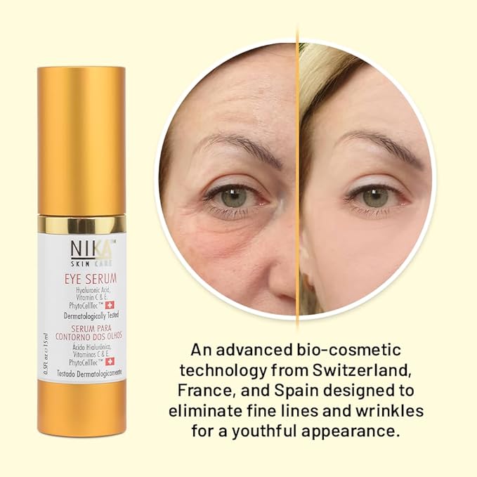 NIKA SKIN CARE - Eye Serum with Vitamin C & E, Hyaluronic Acid, Caffeine, and Swiss Apple Stem Cells - Day & Night