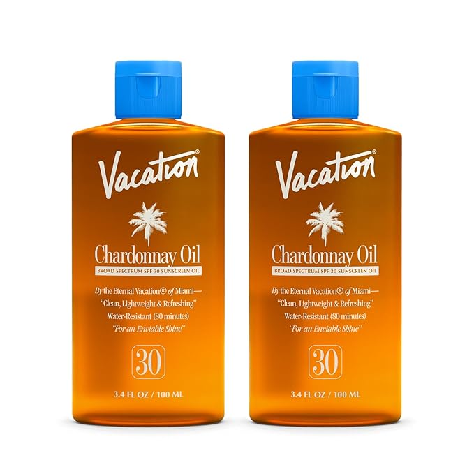 Vacation Chardonnay Oil SPF 30 Duo, Hydrating & Nourishing, Lightweight, Transparent on All Skin Tones, Water-Resistant, Travel Size Sunscreen Two-Pack, 3.4 Fl. Oz. Each
