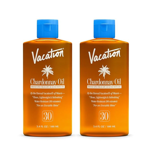 Vacation Chardonnay Oil SPF 30 Duo, Hydrating & Nourishing, Lightweight, Transparent on All Skin Tones, Water-Resistant, Travel Size Sunscreen Two-Pack, 3.4 Fl. Oz. Each