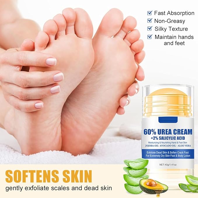 2Pcs Urea 60% Moisturizer and Anti-Cracking Foot Cream,Intensive Repair Dry Cracked Skin,Urea Heel Stick Balm,Hands,Heels,Elbow and Knees,Softens Hydrating Nourish Foot Care for Women and Men