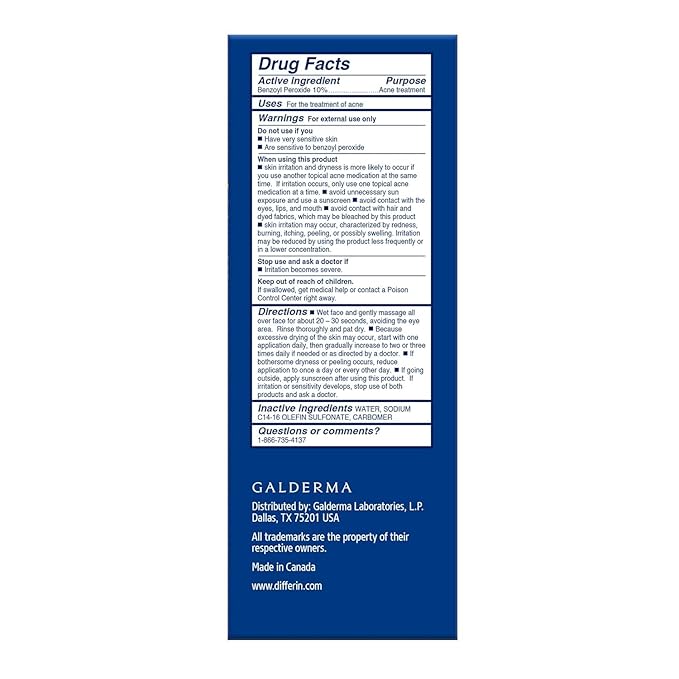 Differin Acne Face Wash with 10% Benzoyl Peroxide, Maximum Strength OTC Acne Foaming Cleanser, Fast Acting Acne Treatment for Face and Body, 5 oz.