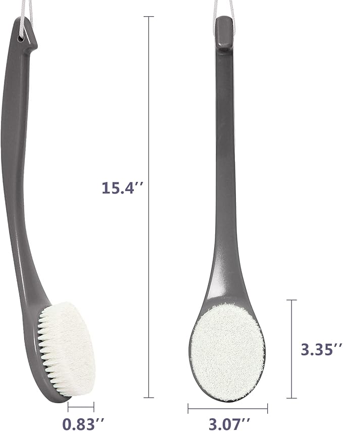 VANZAVANZU Exfoliating Shower Brush Back Scrubbers for Use in Shower, Plastic Bath Brush Long Handle for Shower with Moderate Bristles, Dry or Wet Back Brush for Shower Men Women-Grey