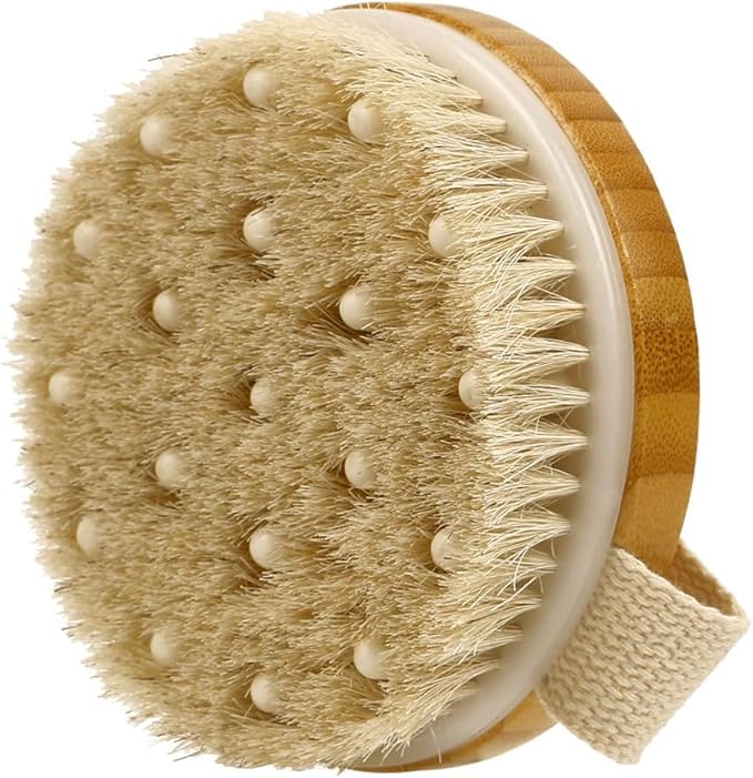 4.3” Round Bamboo Dry/Wet Body Brush Scrubber with Natural Bristles, Bath Shower Brush for Cellulite, Exfoliating and Detox, etc. (White Horsehair with Soft Nodes)