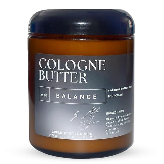 8.4 Fl. oz Cologne Body Butter - BALANCE | Scented Organic Cologne for Men & Women | Hydrating & Lasting Fragrance with Coffee, Rum, Patchouli, Vetiver & Sandalwood | Amber Glass Jar
