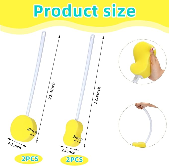 Uiifan 4 Pcs Long Handle Bath Sponge Yellow Back Sponge on a Stick Round and 8 Shape Back Washer for Shower White Handle Butt Scrubber Bathing Brush for Foot Body Cleaning Bathing Limited Motion