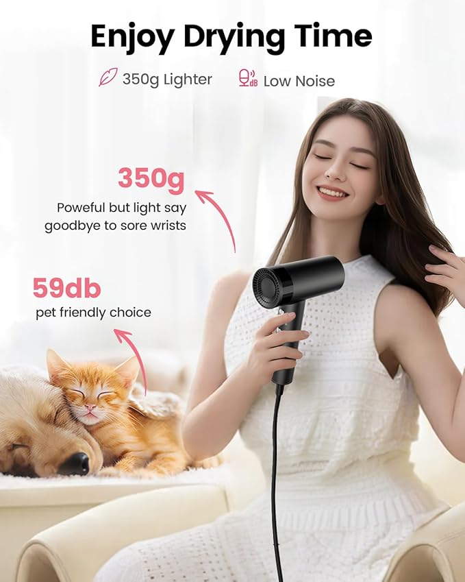 Hair Dryer, 110,000 RPM High-Speed Fast Drying Blow Dryer, 200 Million Ionic Lightweight Hairdryer with Diffuser, Magnetic Nozzle, 4 Temps & 2 Speeds, Low Noise for Women & Men, Black