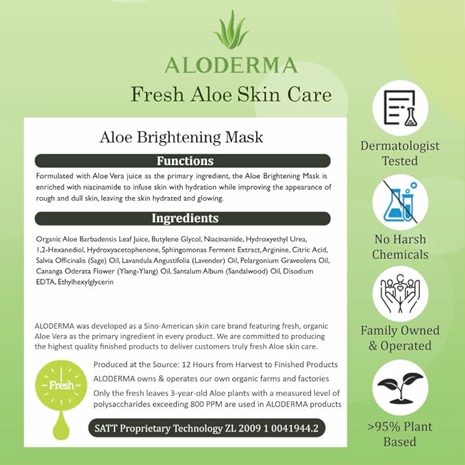 Aloderma Brightening Sheet Masks with 88% Organic Aloe Vera - 5 Pack Facial Masks with Niacinamide, Arginine for Radiant Skin - Evens Skin Tone & Revitalizes Rough, Dull Skin - Aloe Face Mask Sheet