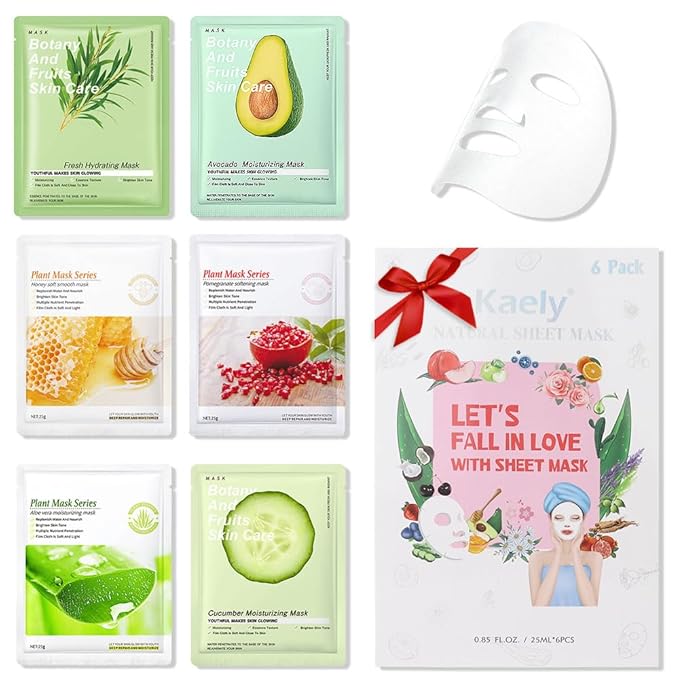 6 PCS Real Hydrating Avocado Honey Pomegranate Aloe Vera Nature Face Masks Skincare, Hyaluronic Acid, Vitamin C and E, Korean Beauty Essence Facial Paper Sheet Mask for Skin Care Moisturizing