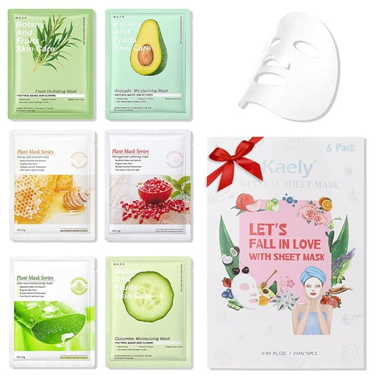 6 PCS Real Hydrating Avocado Honey Pomegranate Aloe Vera Nature Face Masks Skincare, Hyaluronic Acid, Vitamin C and E, Korean Beauty Essence Facial Paper Sheet Mask for Skin Care Moisturizing