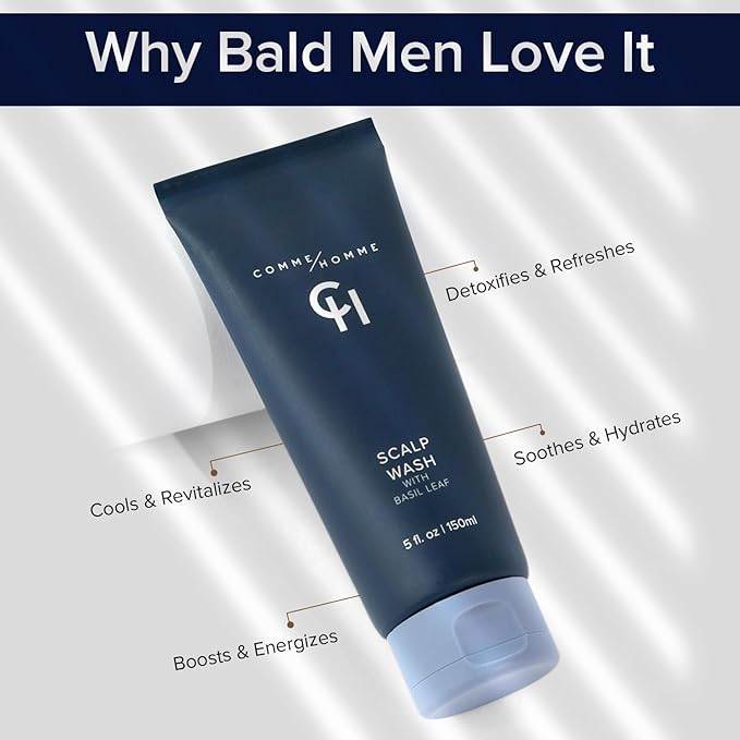 Comme Homme Hydrating Scalp Wash for Bald Men | Daily Face & Scalp Cleanser with Aloe, Basil, Tea Tree & Caffeine | Gently Cleanses, Soothes & Energizes | Pack of 2 (5 fl oz Each)