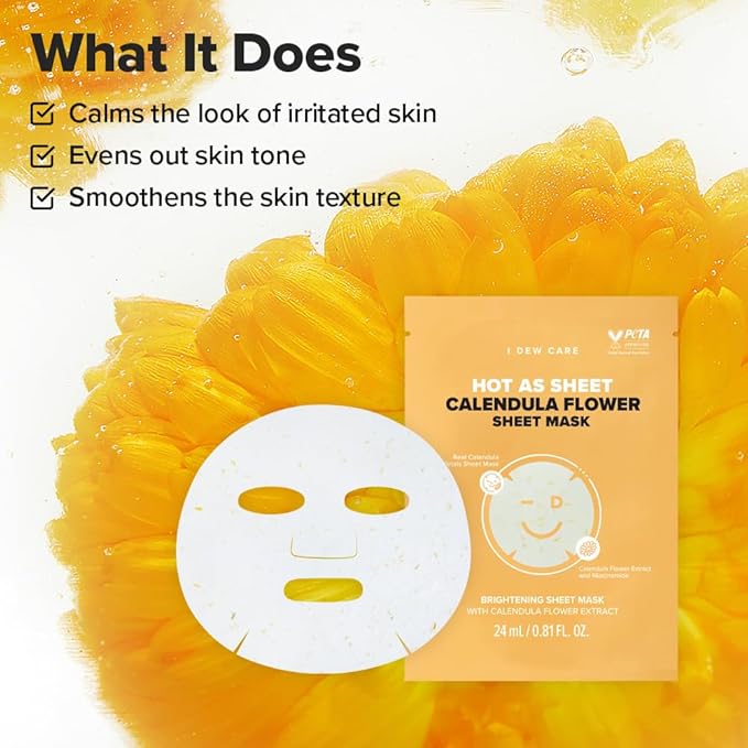 I DEW CARE Calendula Sheet Face Mask - Korean Skincare for Hydrating and Calming Skin | Face Masks with Calendula Extract & Niacinamide, Moisturizing, Sheet Masks for Women, Cute Stuff, 10EA