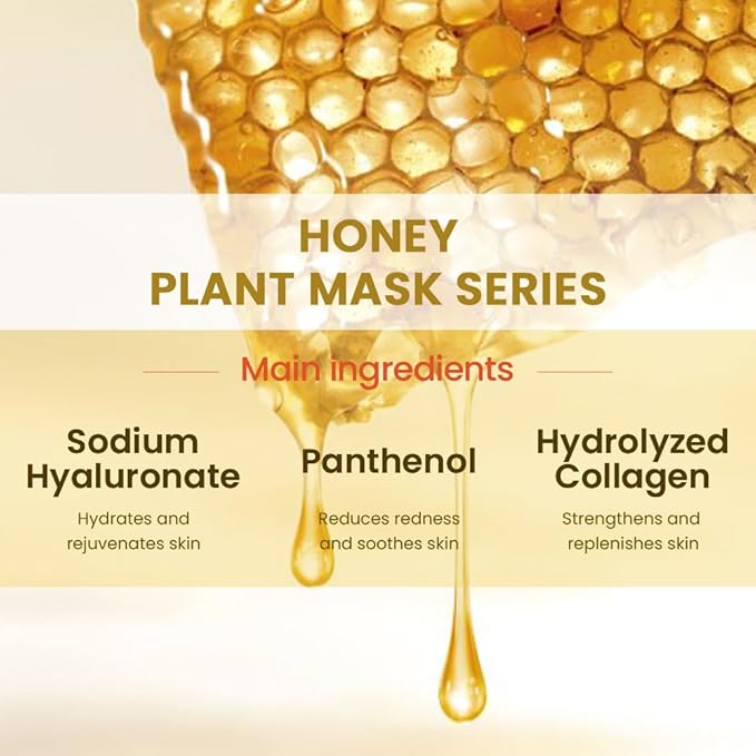 6 PCS Real Hydrating Nature Face Masks Skincare, Hyaluronic Acid, Vitamin C and E, Chamomile, Korean Beauty Essence Facial Paper Sheet Mask for Skin Care Moisturizing (Honey)