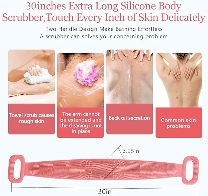 Inmorven Exfoliating Back Scrubber for Shower with Handles, 30 Inch Double-Sided Back Exfoliator Body Scrub Towel, Exfoliating Washcloth Bath Tool for use in Shower, Clean Skin for Men & Women (Pink)