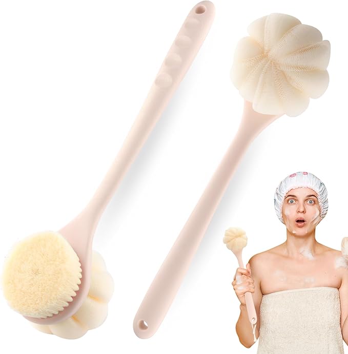2-Pack Pink Double Sided Bath Brush with Soft Bristles and Loofah,Long Handle Back Scrubber,Exfoliating Back Shower Brush for Women and Men