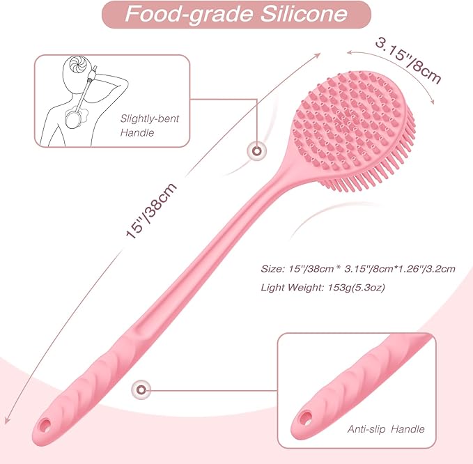 Manmihealth Silicone Back Scrubber(Thick Bristles) & Soft Bath Glove Set, Super-Exfoliating Body Scrubber & Super-Lathering Shower Brush Combination, with a Free Hook.(Pink)