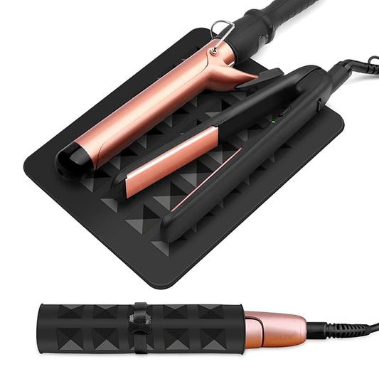 Professional Silicone Heat Resistant Mat, Heat Mat for Curling Iron, Flat Iron, Hair Styling Tools Appliances Dryer Salon Tools Hair Stylist, with Hook Loop Strips (Block Black)