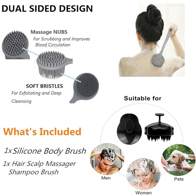 Silicone Body Scrubber & Scalp Massager, Long Handle Back Scrubber for Shower, Exfoliating Brush, Hair Dandruff Shampoo Brush for Men, Women & Kids