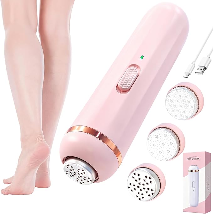 Wireless Electric Foot File - Callus Remover Tool for Feet, Rechargeable Pedicure Tool with 3 Replaceable Grinding Heads, Professional Adjustable Speed Foot Files for Dead Skin, Cracked Heels (Pink)
