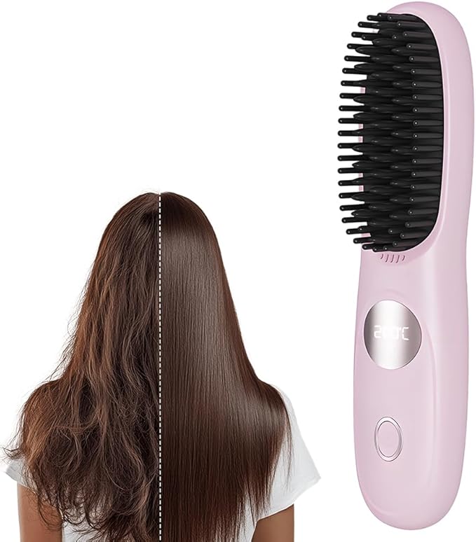 Go Brush Pro, Cordless Hair Straightener Brush, Portable Mini Hair Straightening Brush with 3 Temperature Settings & LED Display, USB Rechargeable Fast Heating Hairs Brush for Travel (Pink)