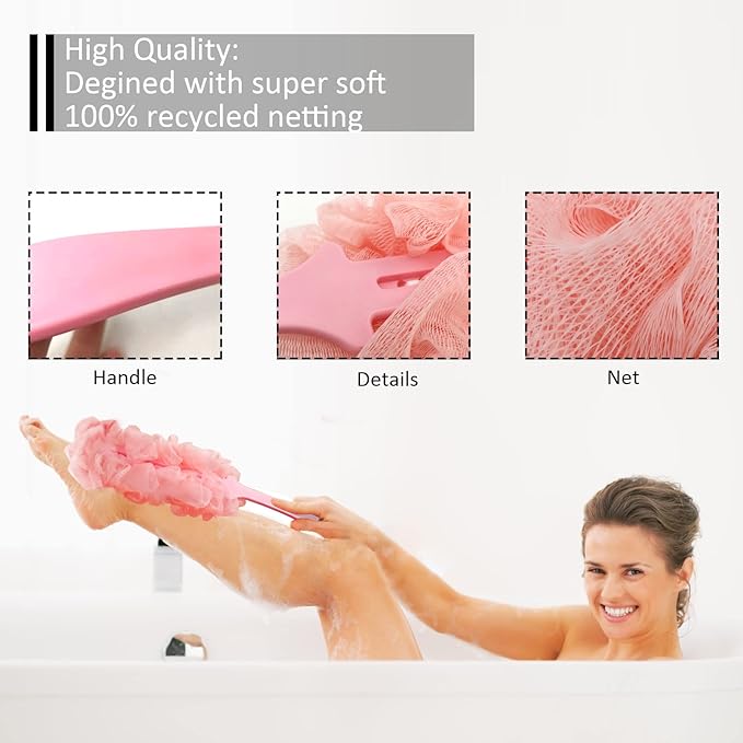 Back Scrubber for Shower, Back Brush Long Handle for Shower, Soft Nylon Mesh Sponge for Shower, Loofah On a Stick for Men Women, Exfoliating Scrub Cleaning Luffa for Elderly