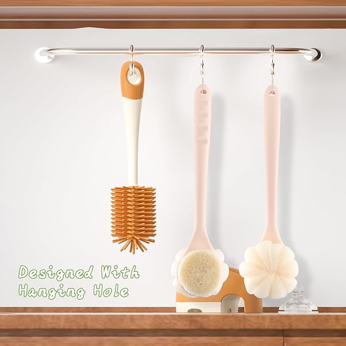 2 Pcs Body Shower Brush Long Handle Back Scrubber Brush with Bristles and Loofah Mesh Sponge for Skin Exfoliating Bath Wet Dry Massage Brushing - Pink