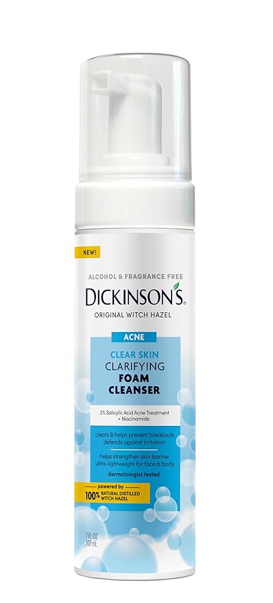 Dickinson’s Witch Hazel Acne Foam Cleanser with 2% Salicylic Acid, Niacinamide & Tea Tree | Alcohol-Free, Fragrance-Free | Gentle Daily Face Wash for Clear Skin | 7 Fl Oz