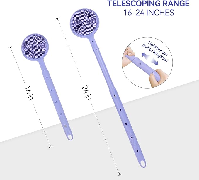 Back Scrubber for Shower, (16-24 Inch) Extendable Bath Brush Long Handle for Shower, Silicone Body Scrubber with Handle, Back Brush for Shower Men and Women,Easy to Clean (Purple)