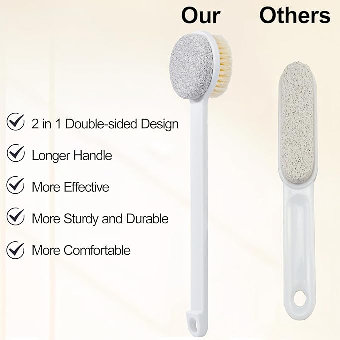 Pumice Stone for Feet and Shower Brush with Long Handle, 3Pcs Hard Skin Callus Remover, 2 in 1 Foot Scrubber Brush, Back Scrubber Body Brush for Shower Deep Cleansing and Exfoliating, Straight